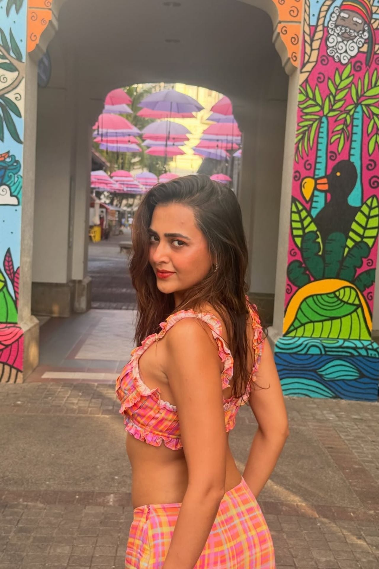 Tejasswi Prakash in Candy Crush plaid satin co-ord set — frill bustier and maxi skirt — Label WildChild India