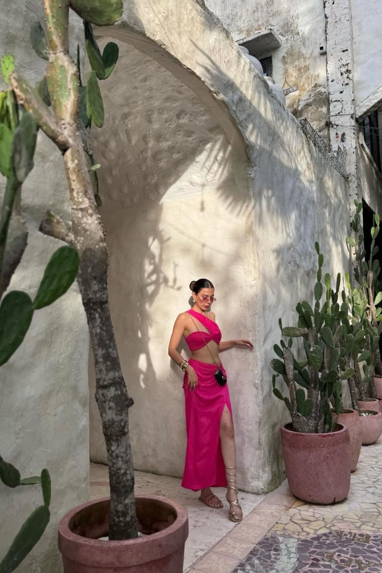 Magenta satin asymmetric co-ord set front view — premium resort wear India