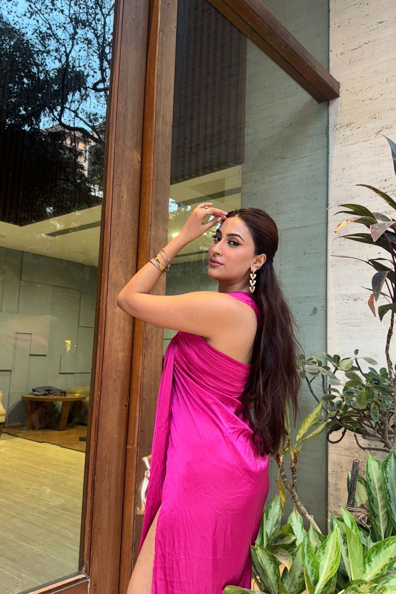 One shoulder magenta satin maxi dress side view — front slit detail — handmade India Label WildChild